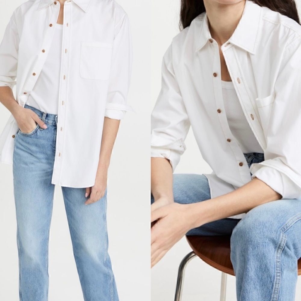 RE/DONE White 90s Oversized Button Up Cotton Contrast Stitch Shirt Large NWT